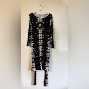 Natori Dress Geometric Black White w/ Belt Stretch Sz 1X NWOT Gorgeous